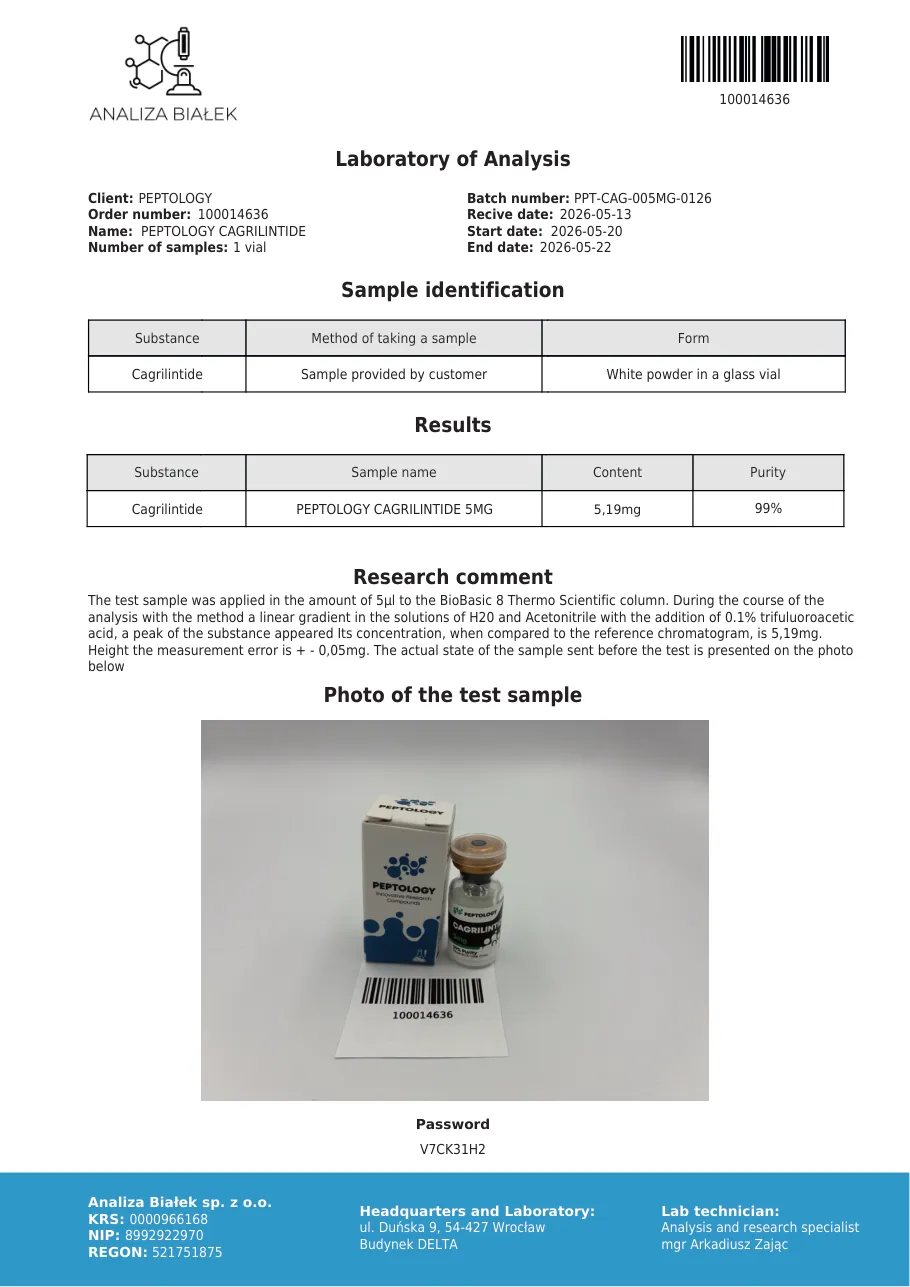 Cagrilintide 5 mg – certifikat čistoće HPLC, serija 0126