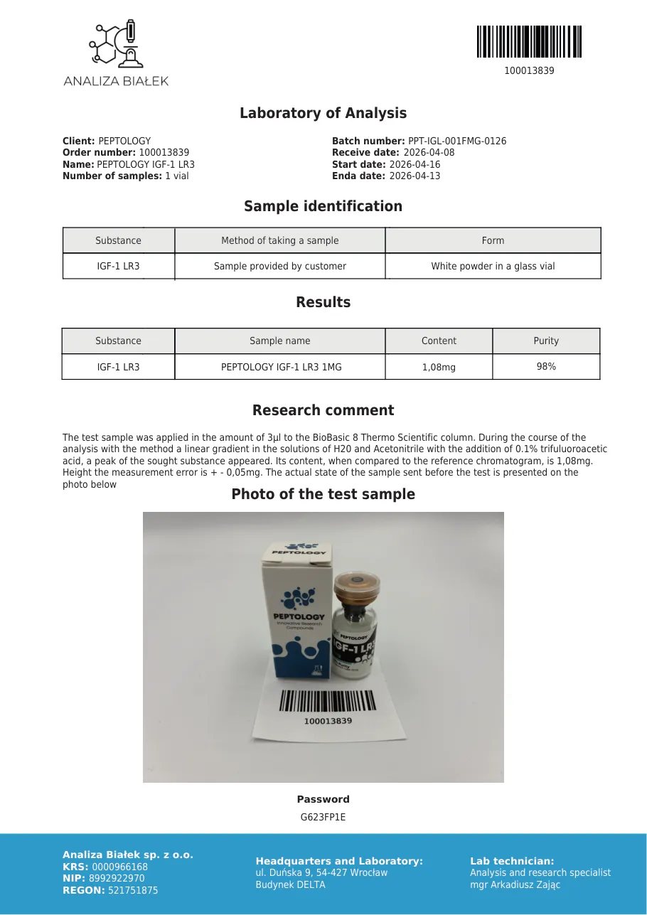 IGF‑1 LR3 1 mg – certifikat čistoće HPLC, serija 0126