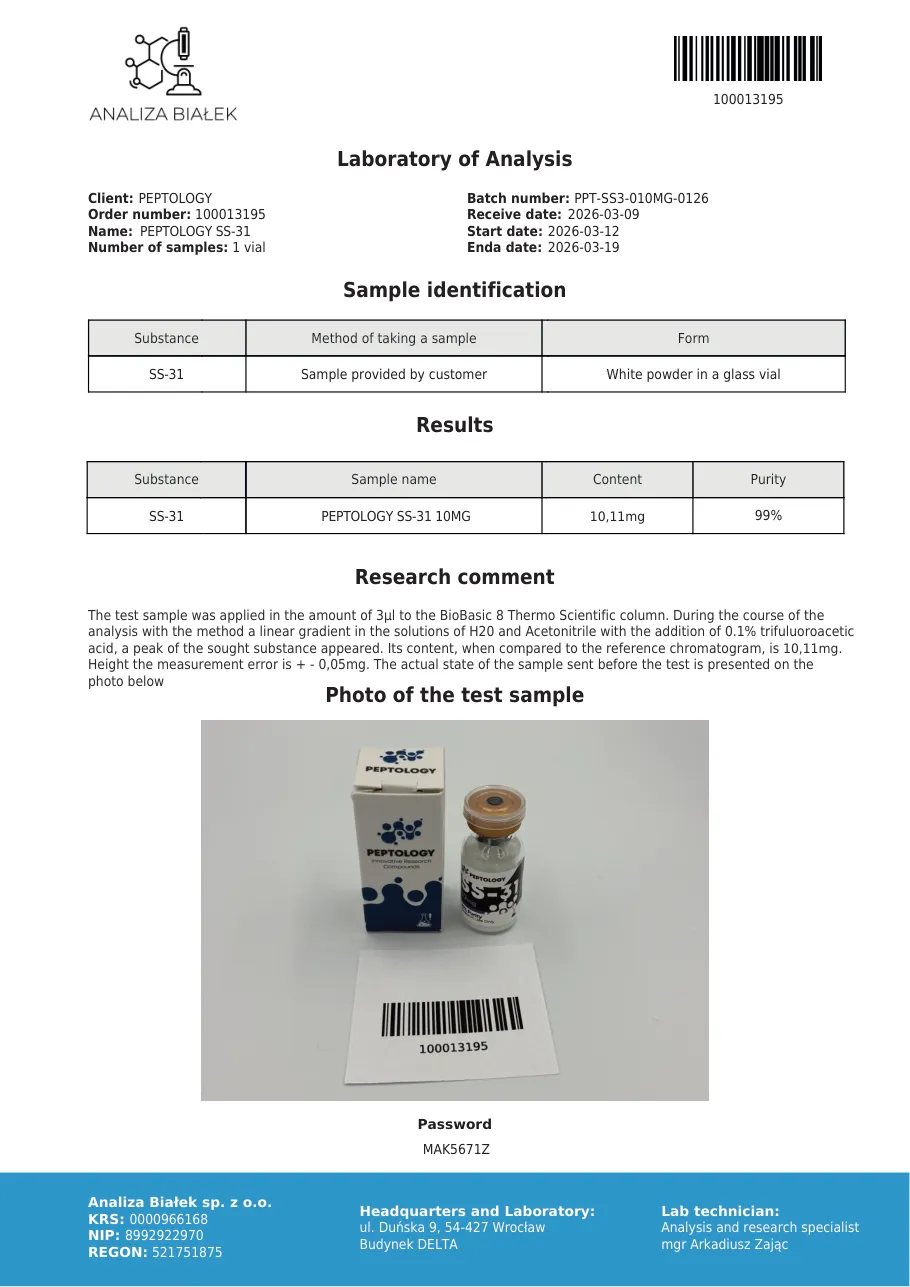 SS‑31 10 mg – certifikat čistoće HPLC, serija 0126
