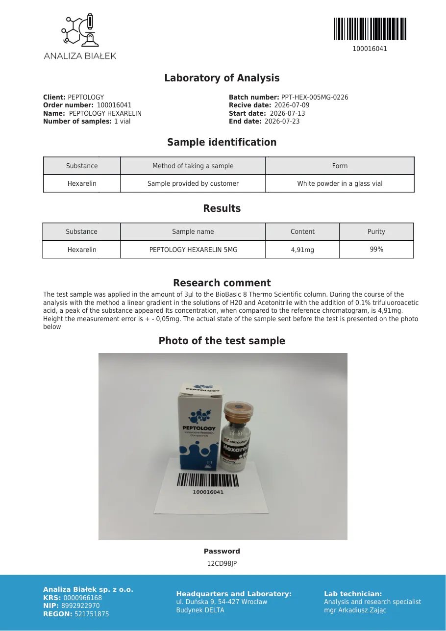 Hexarelin 5 mg – certifikat čistoće HPLC, serija 0226