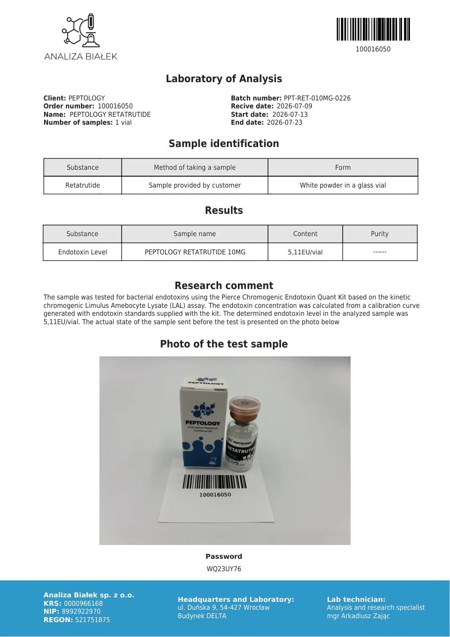 Retatrutide 10 mg – test endotoksina, serija 0226