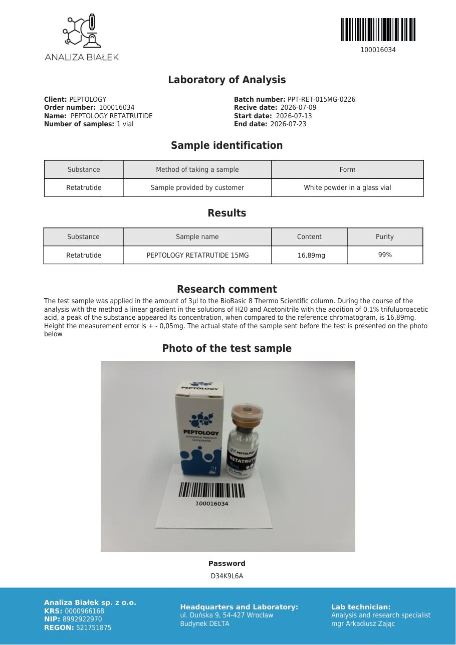 Retatrutide 15 mg – certifikat čistoće HPLC, serija 0226