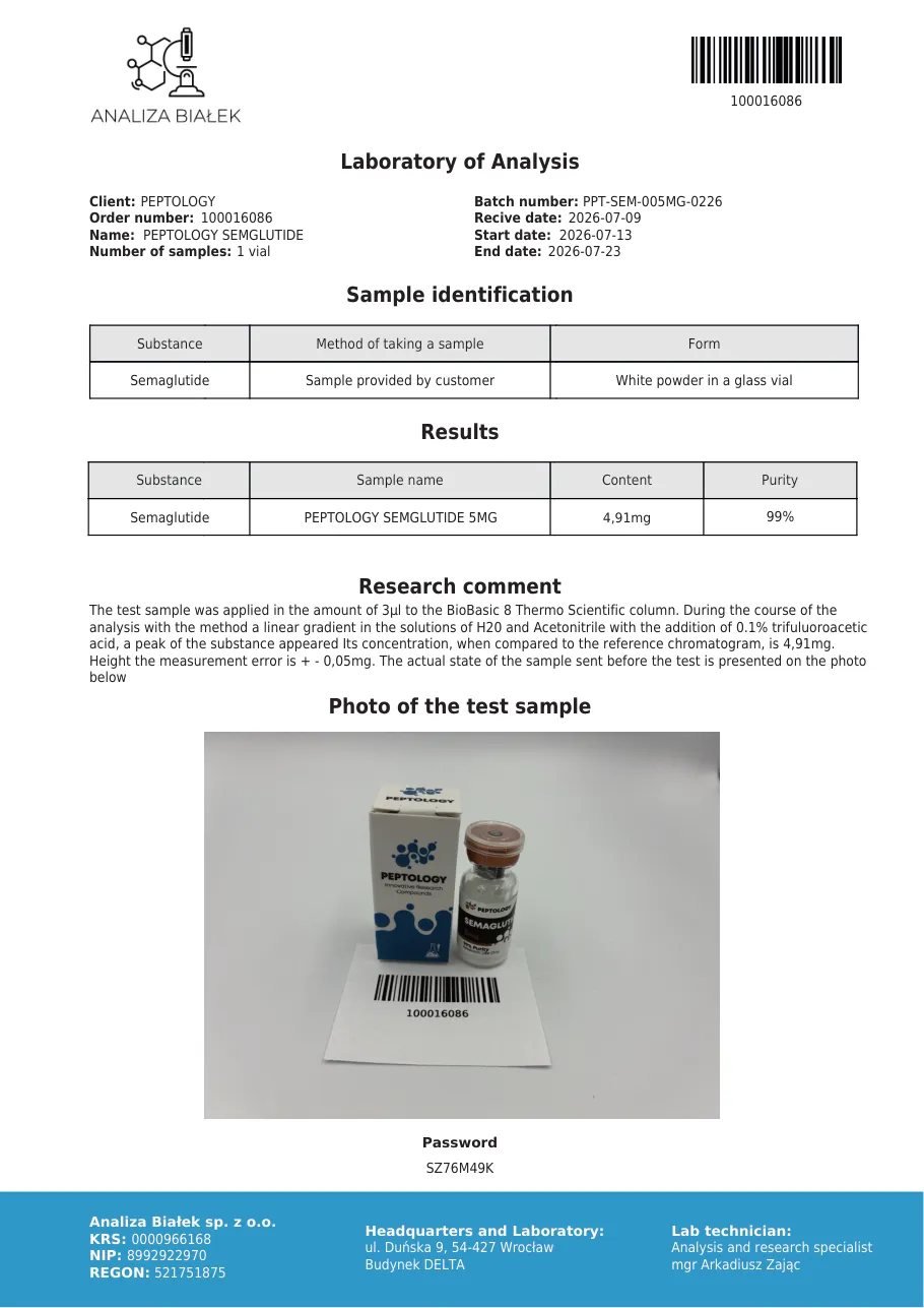 Semaglutide 5 mg – certifikat čistoće HPLC, serija 0226