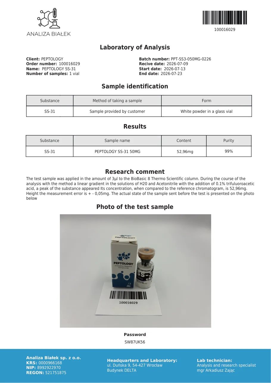 SS‑31 50 mg – certifikat čistoće HPLC, serija 0226