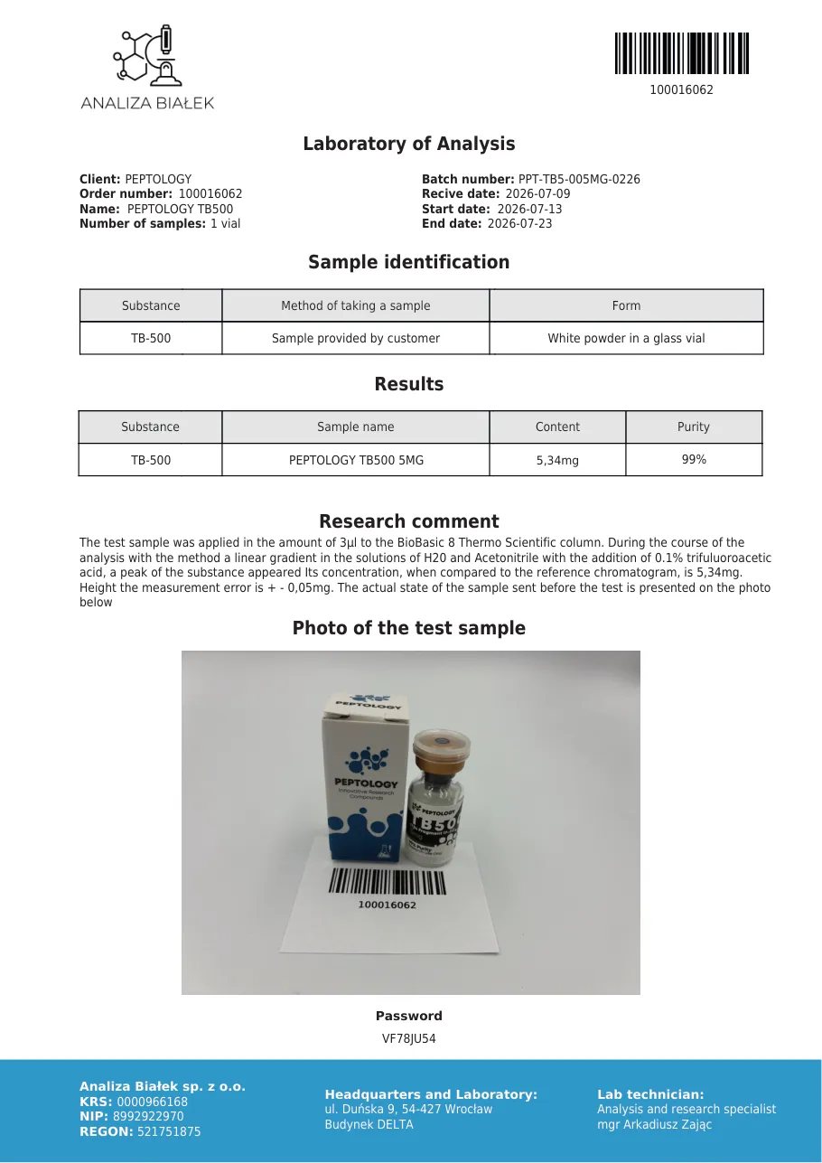 TB500 5 mg – certifikat čistoće HPLC, serija 0226