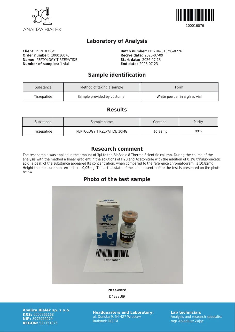 Tirzepatide 10 mg – certifikat čistoće HPLC, serija 0226