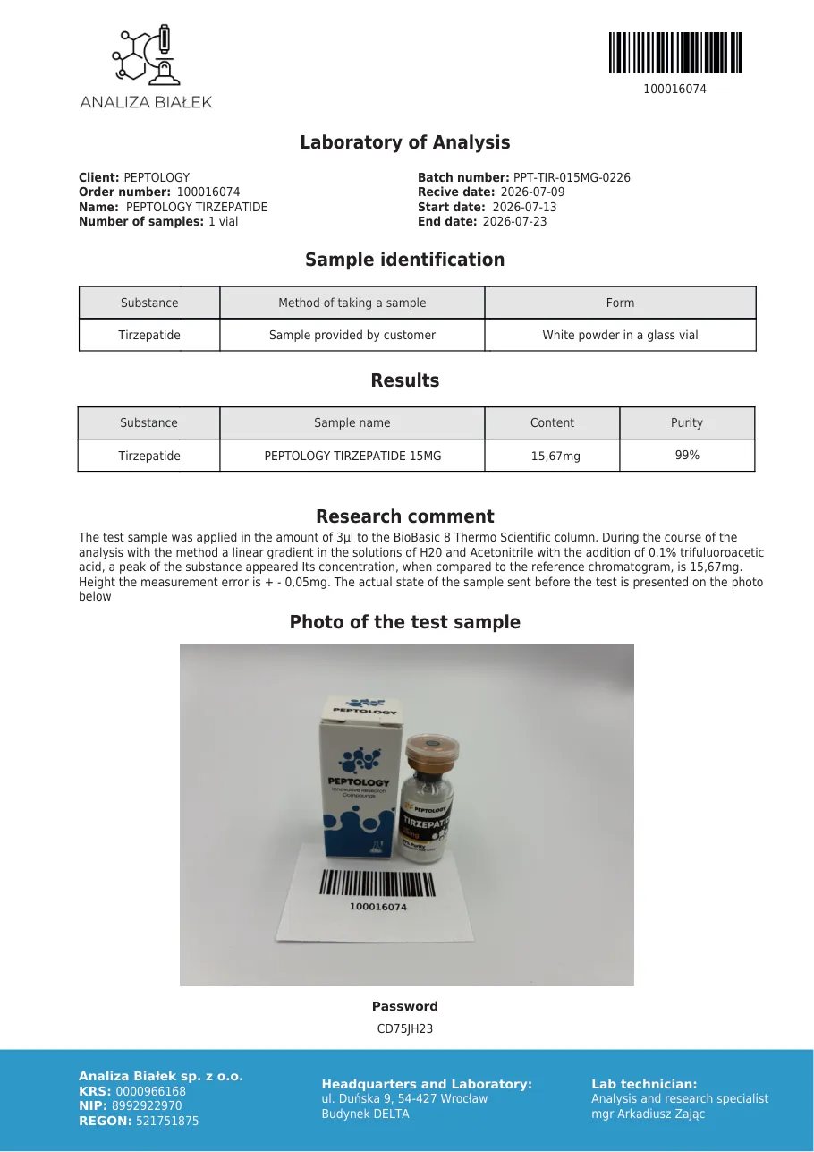 Tirzepatide 15 mg – certifikat čistoće HPLC, serija 0226