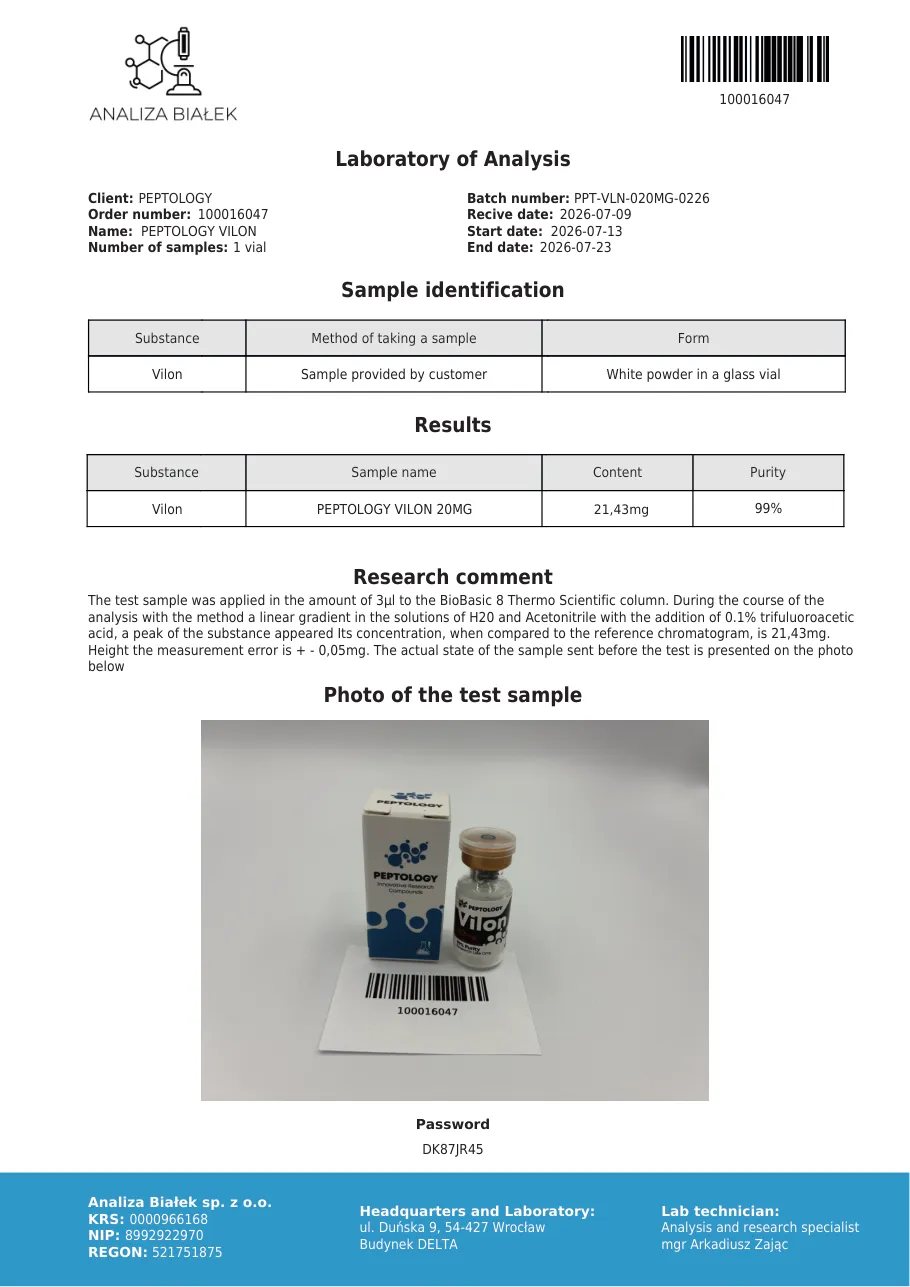 Vilon 20 mg – certifikat čistoće HPLC, serija 0226