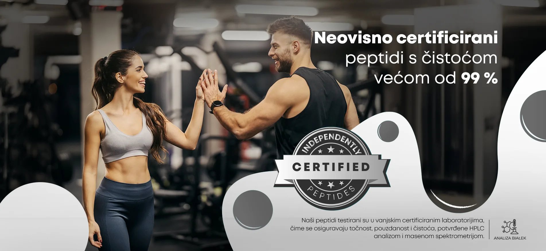 Neovisno certificirani peptidi čistoće iznad 99% – testirani u vanjskim certificiranim laboratorijima (Analiza Białek) pomoću HPLC-a i masene spektrometrije