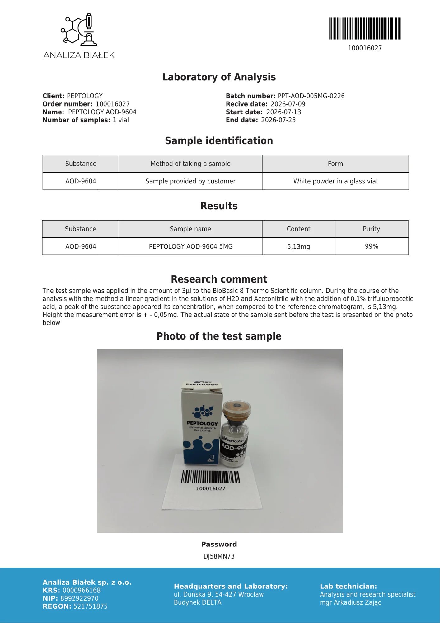 AOD-9604 5 mg – certifikat čistoće HPLC, serija 0226