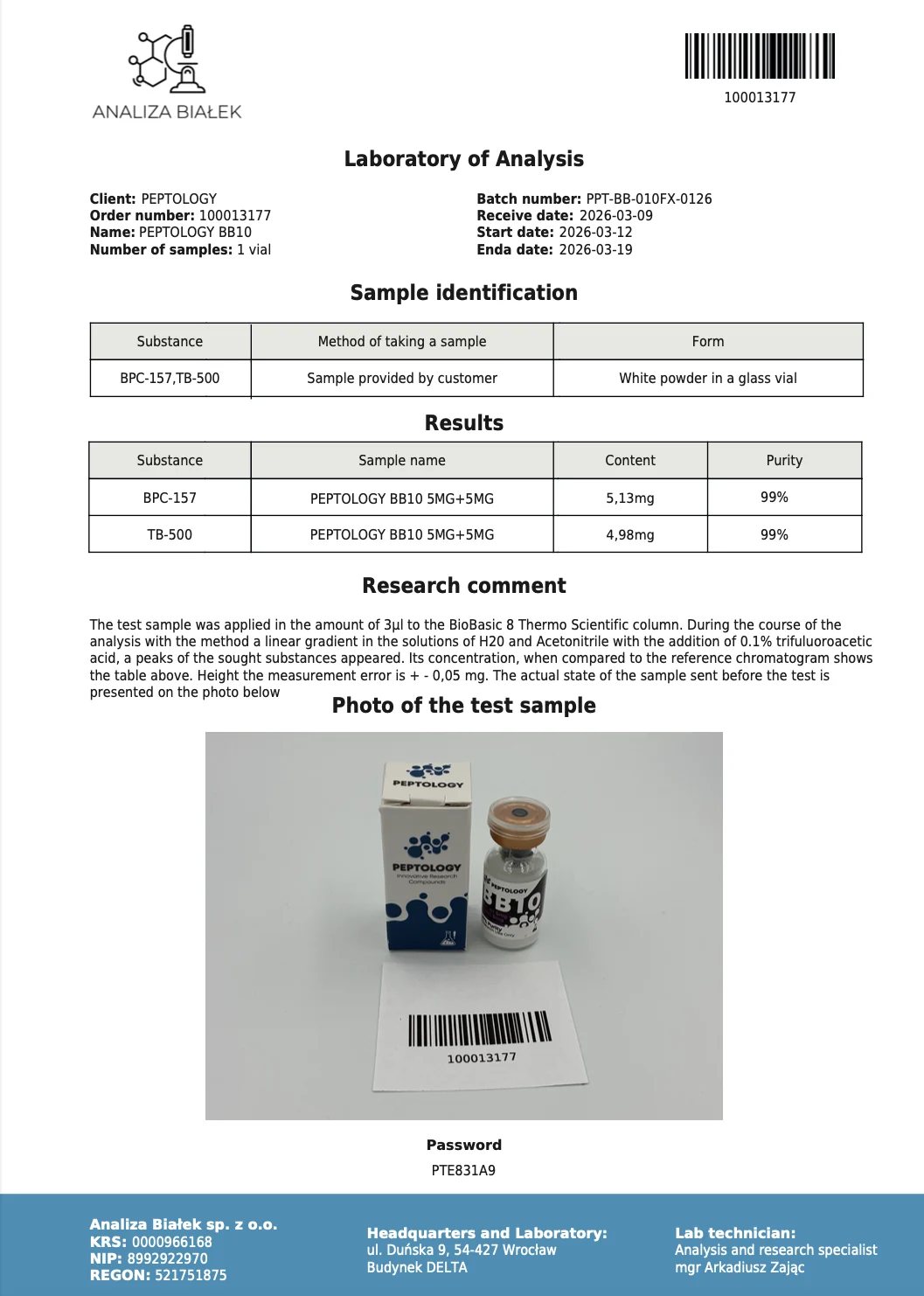 BB10 – certifikat čistoće HPLC, serija 0126