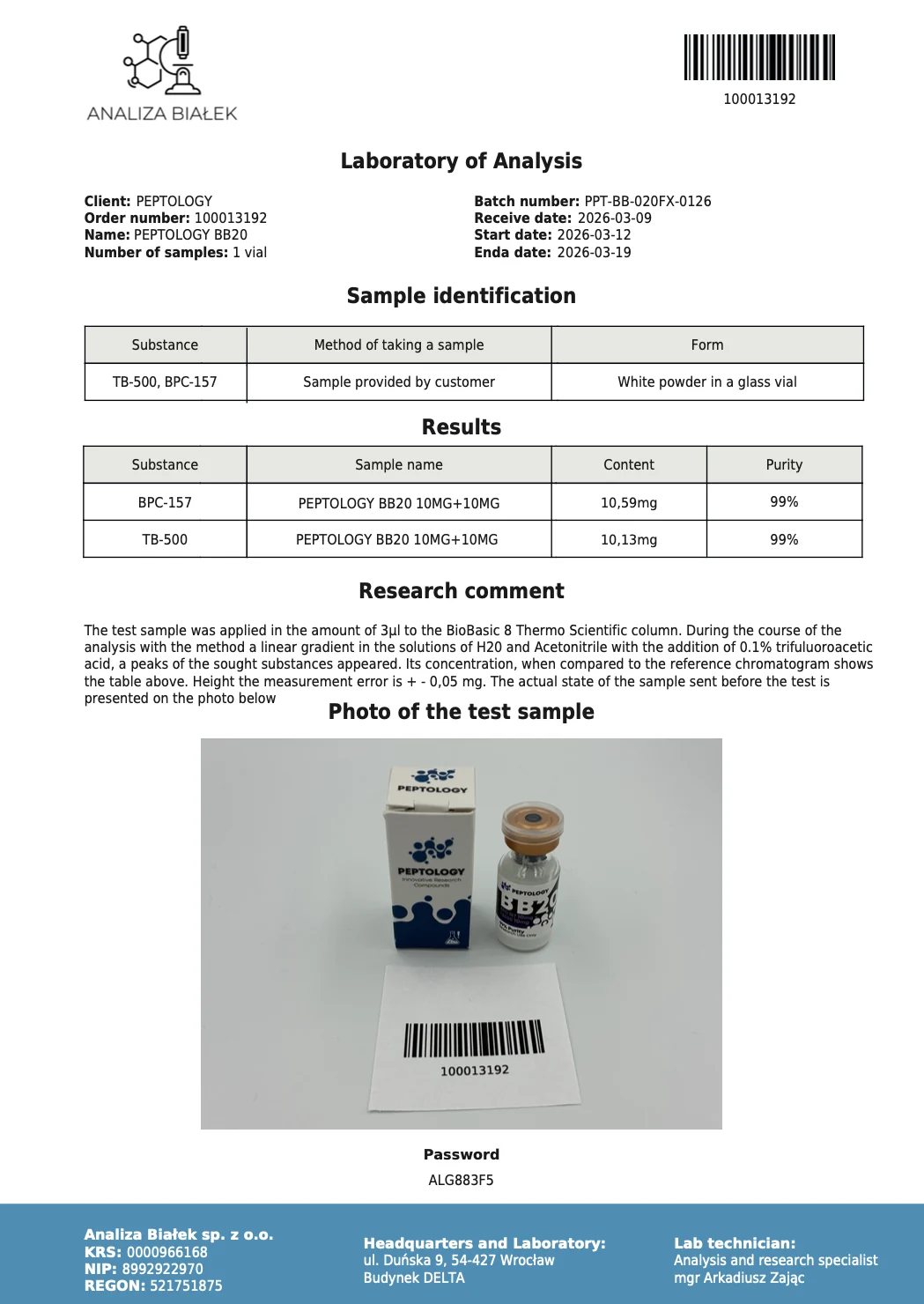 BB20 – certifikat čistoće HPLC, serija 0126