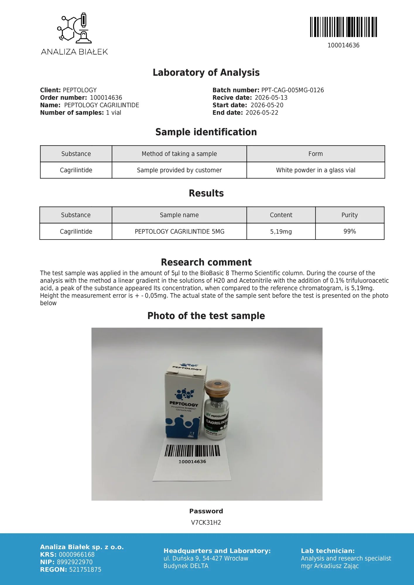 Cagrilintide 5 mg – certifikat čistoće HPLC, serija 0126