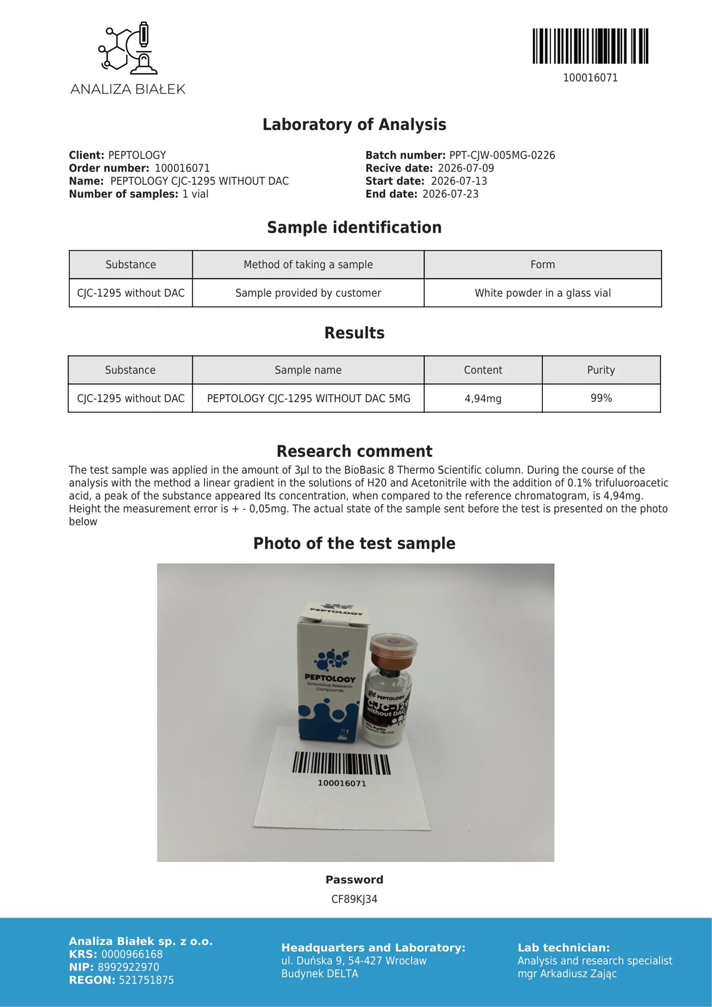 CJC‑1295 bez DAC 5 mg – certifikat čistoće HPLC, serija 0226