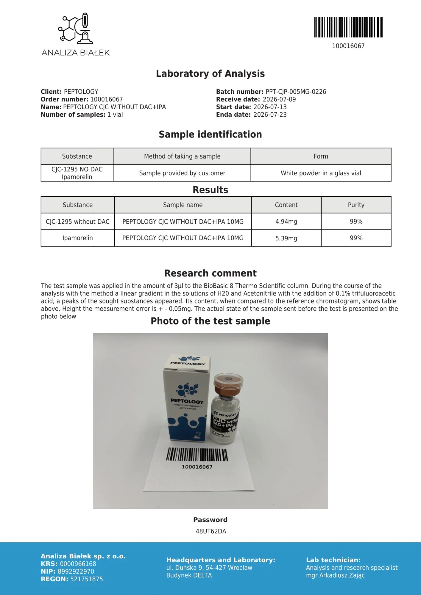 CJC-1295 + Ipamorelin 10 mg – certifikat čistoće HPLC, serija 0226