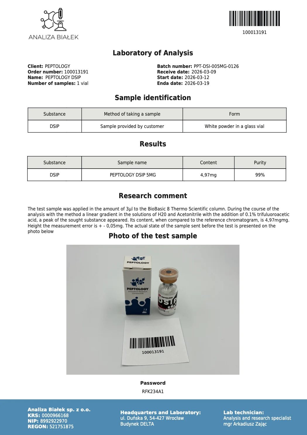DSIP 5 mg – certifikat čistoće HPLC, serija 0126