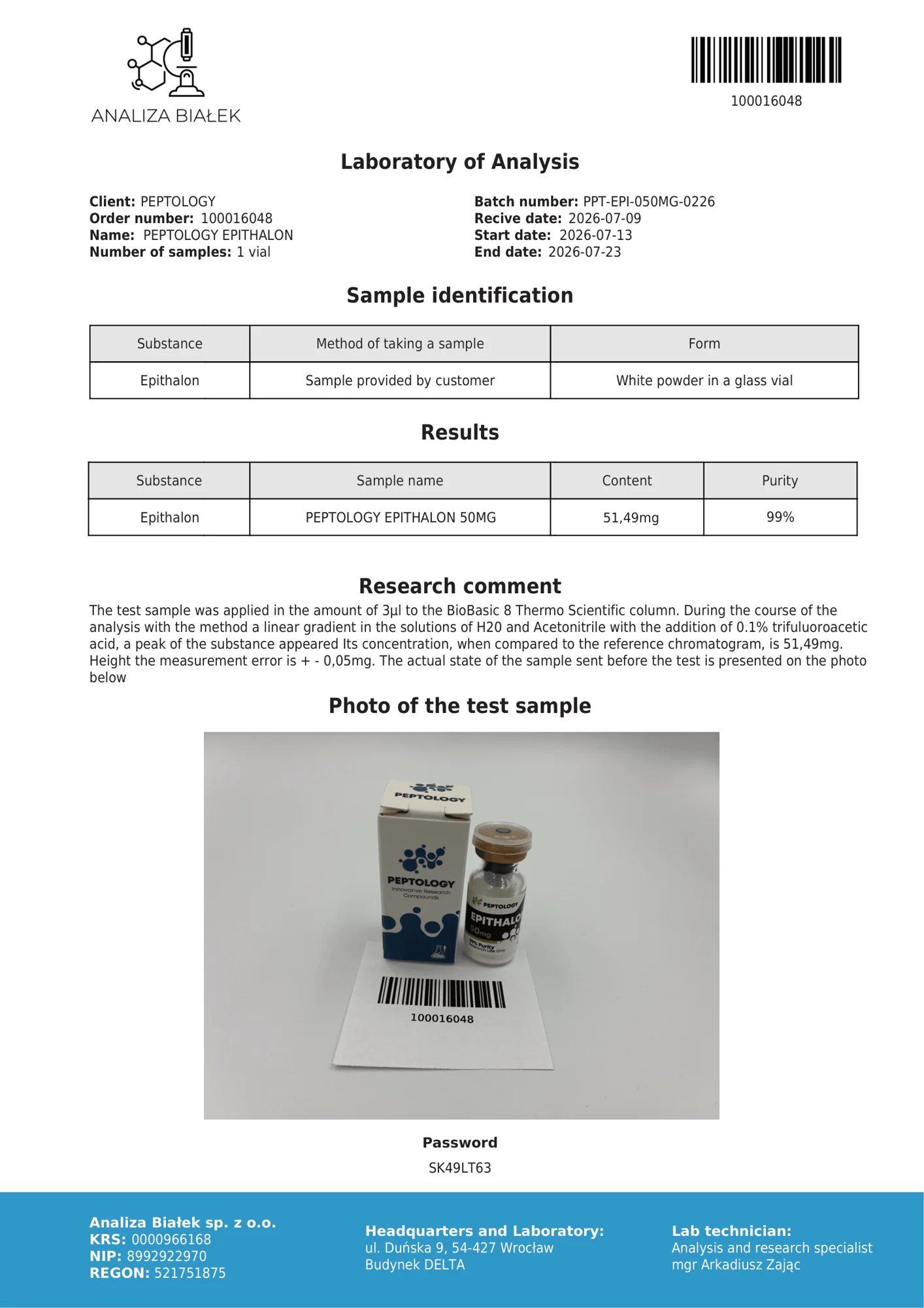 Epithalon 50 mg – certifikat čistoće HPLC, serija 0226