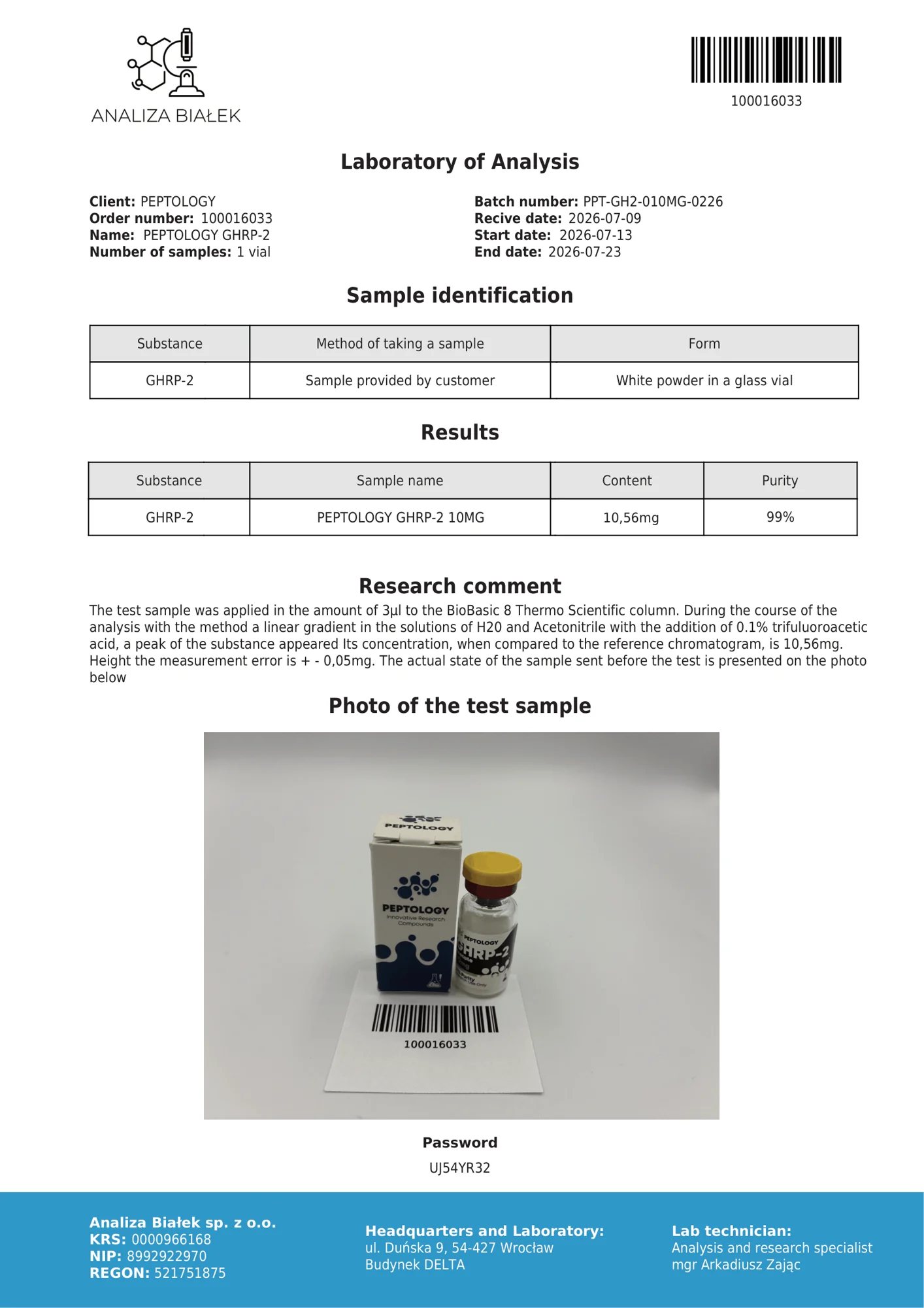 GHRP-2 10 mg – certifikat čistoće HPLC, serija 0226