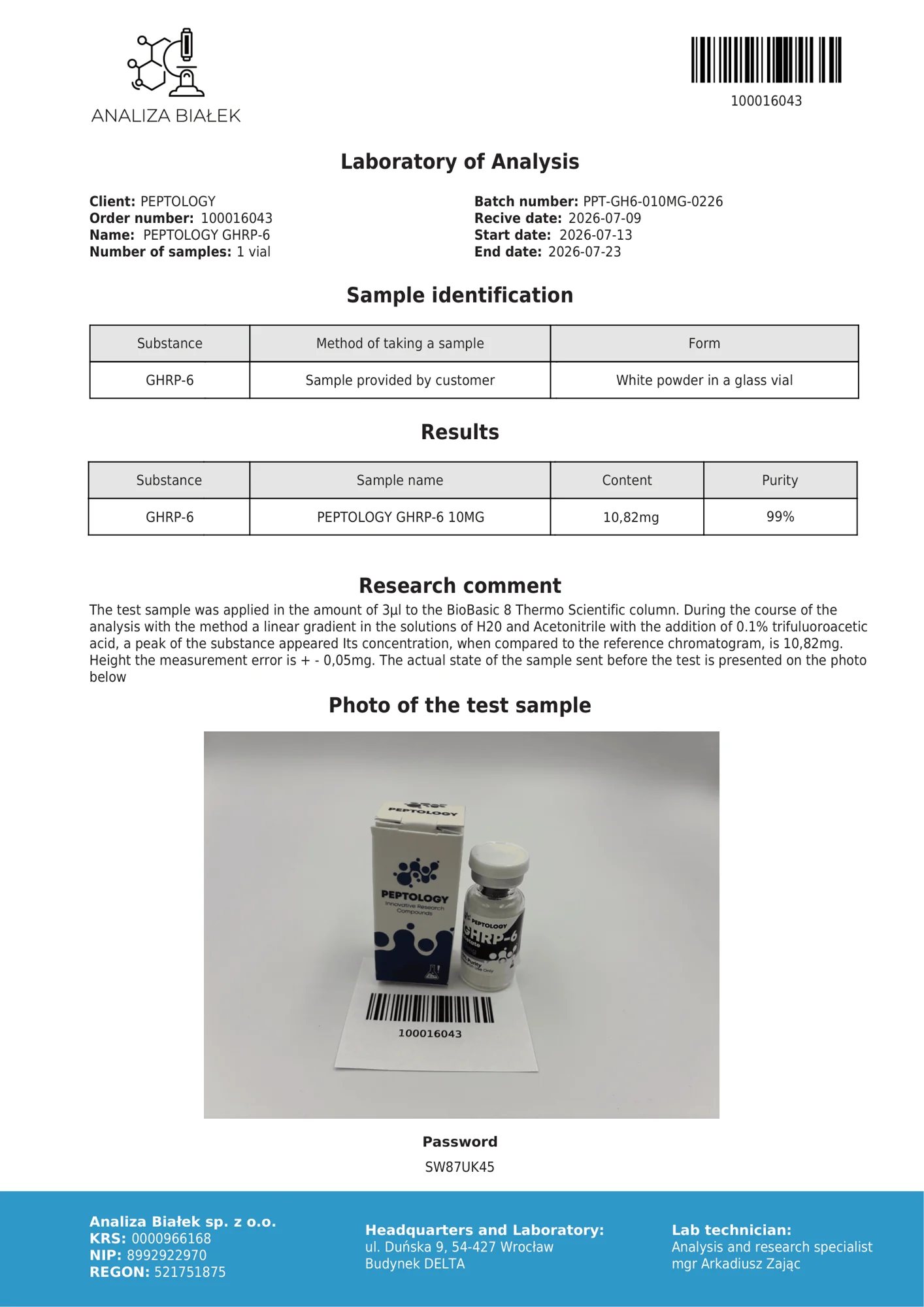 GHRP-6 10 mg – certifikat čistoće HPLC, serija 0226
