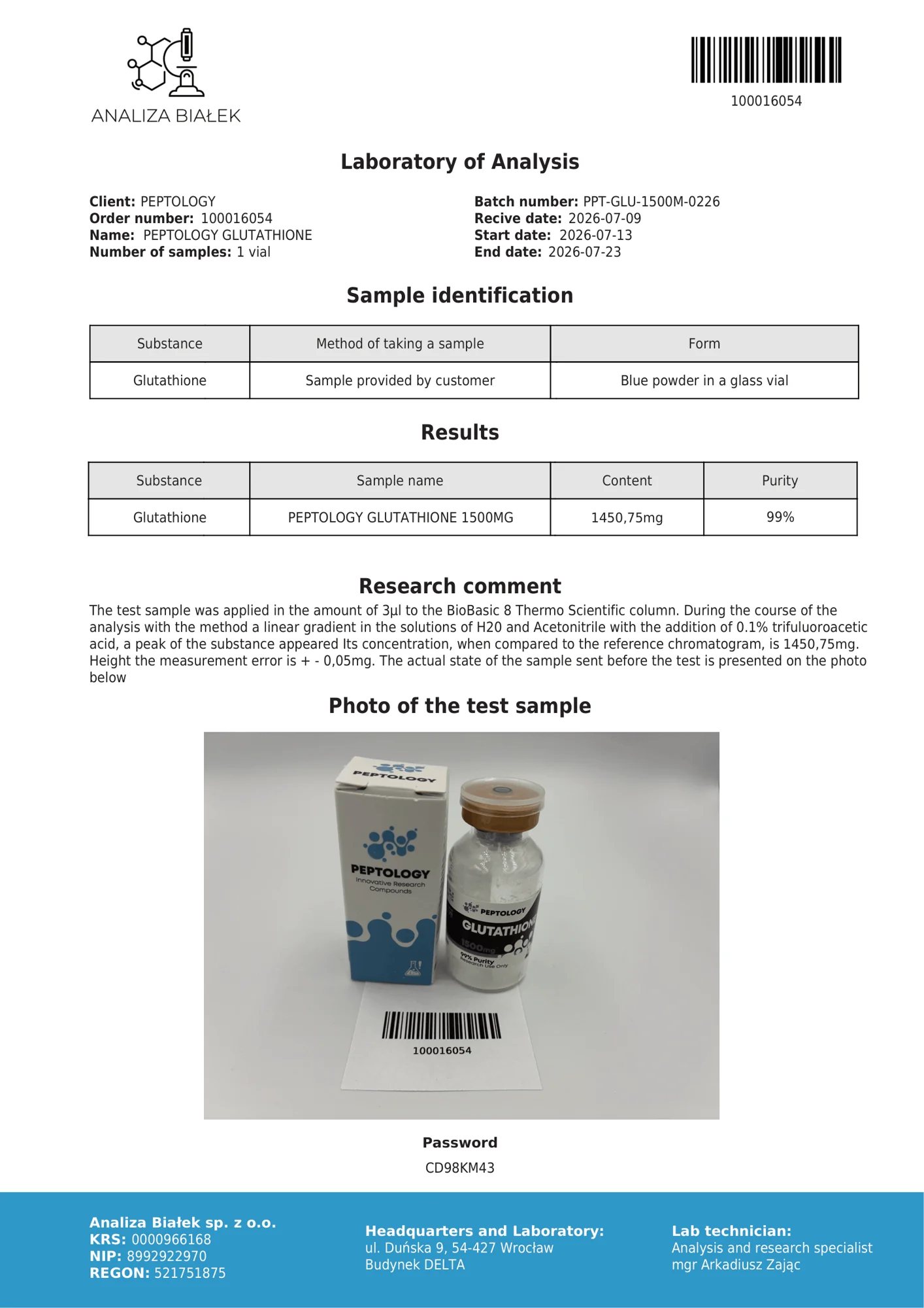 Glutathione 1500 mg – certifikat čistoće HPLC, serija 0226