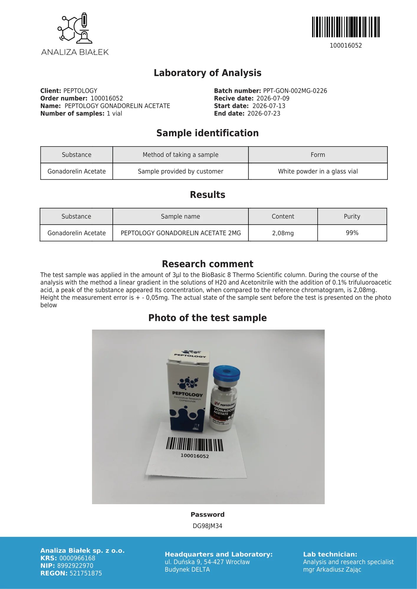 Gonadorelin 2 mg – certifikat čistoće HPLC, serija 0226