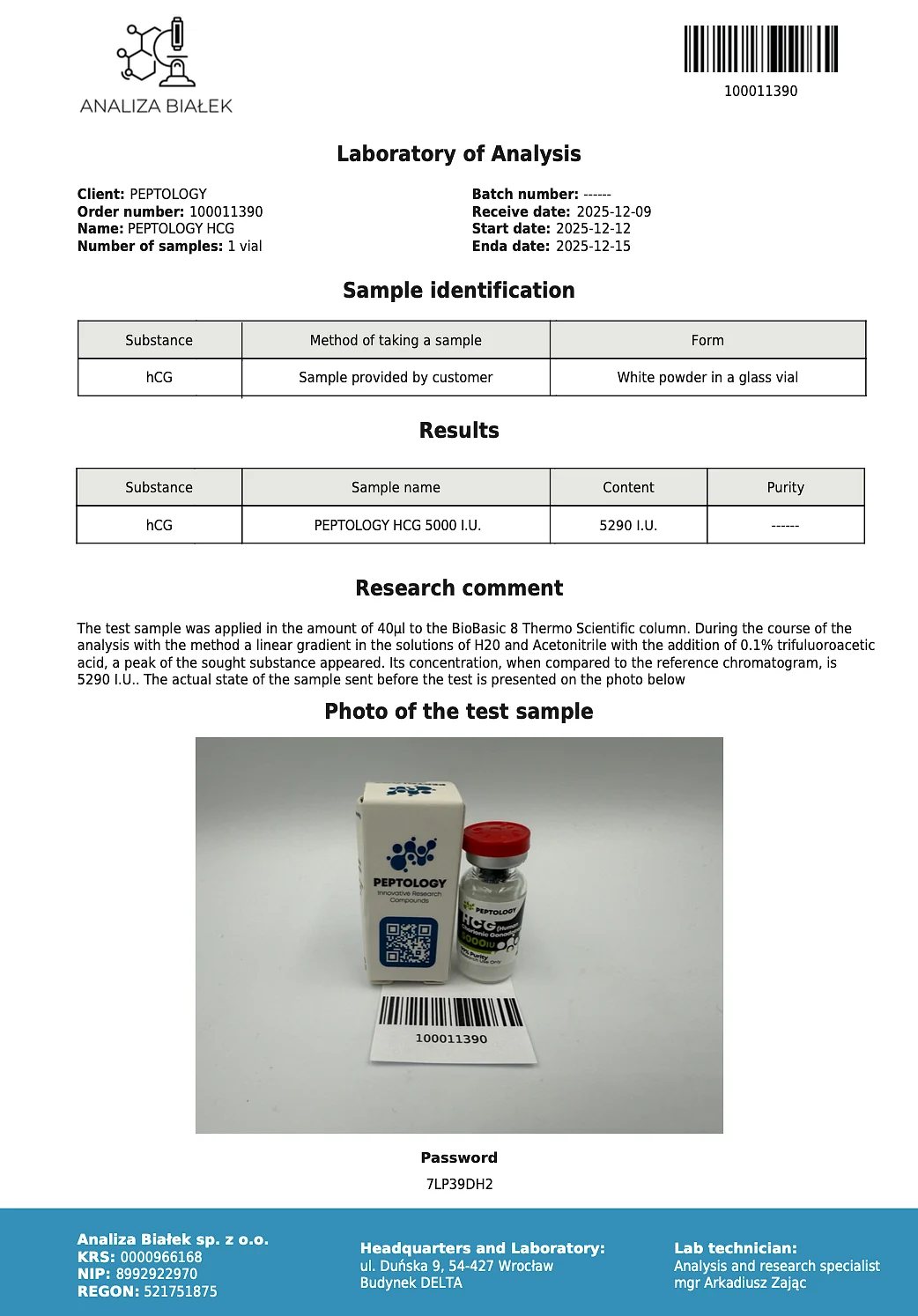 HCG 5000 IU – certifikat čistoće HPLC