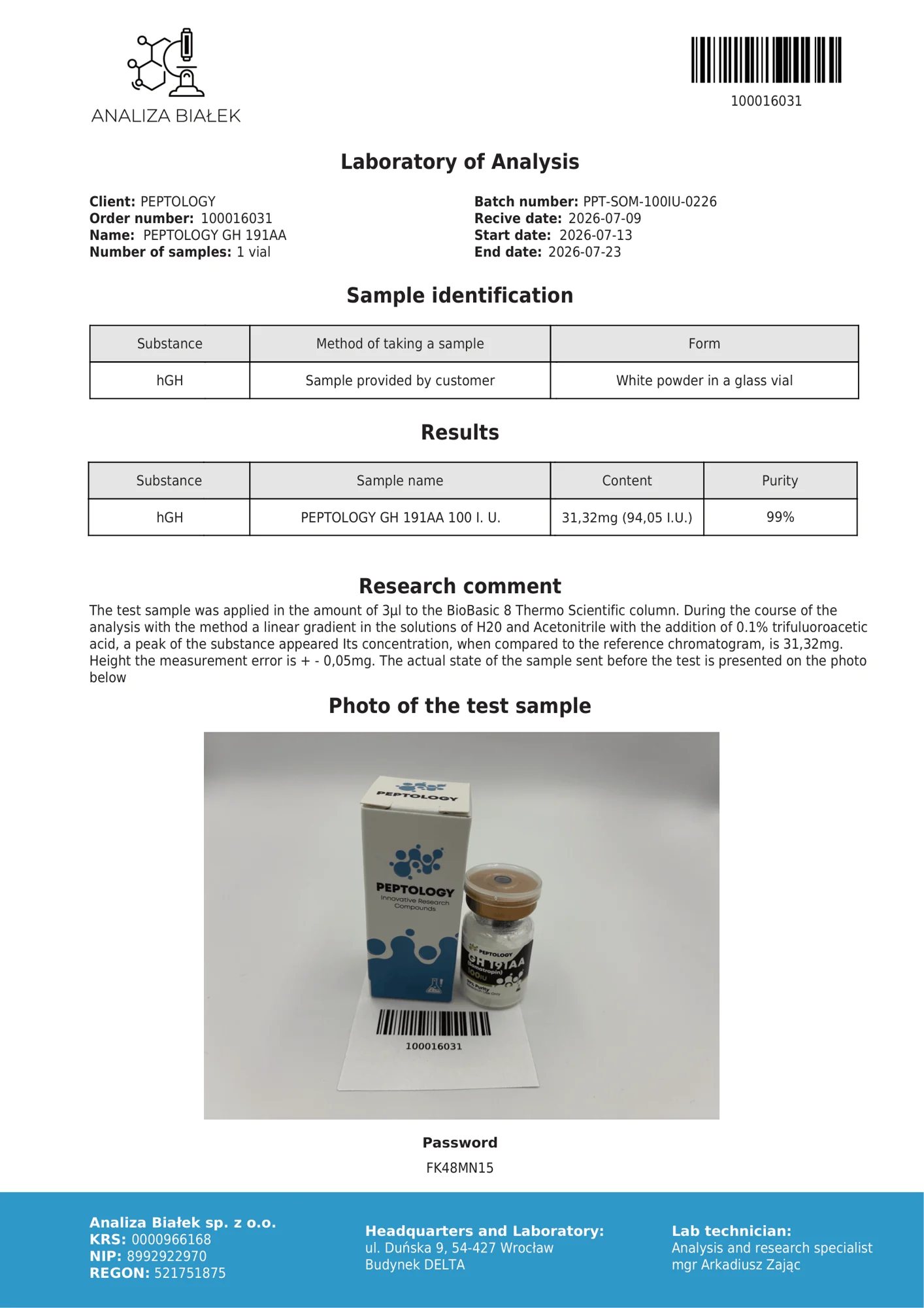 Somatropin 100 IU – certifikat čistoće HPLC, serija 0226