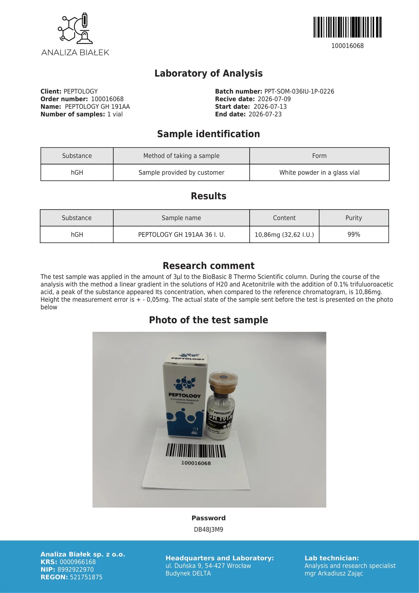 Somatropin 36 IU – certifikat čistoće HPLC, serija 0226