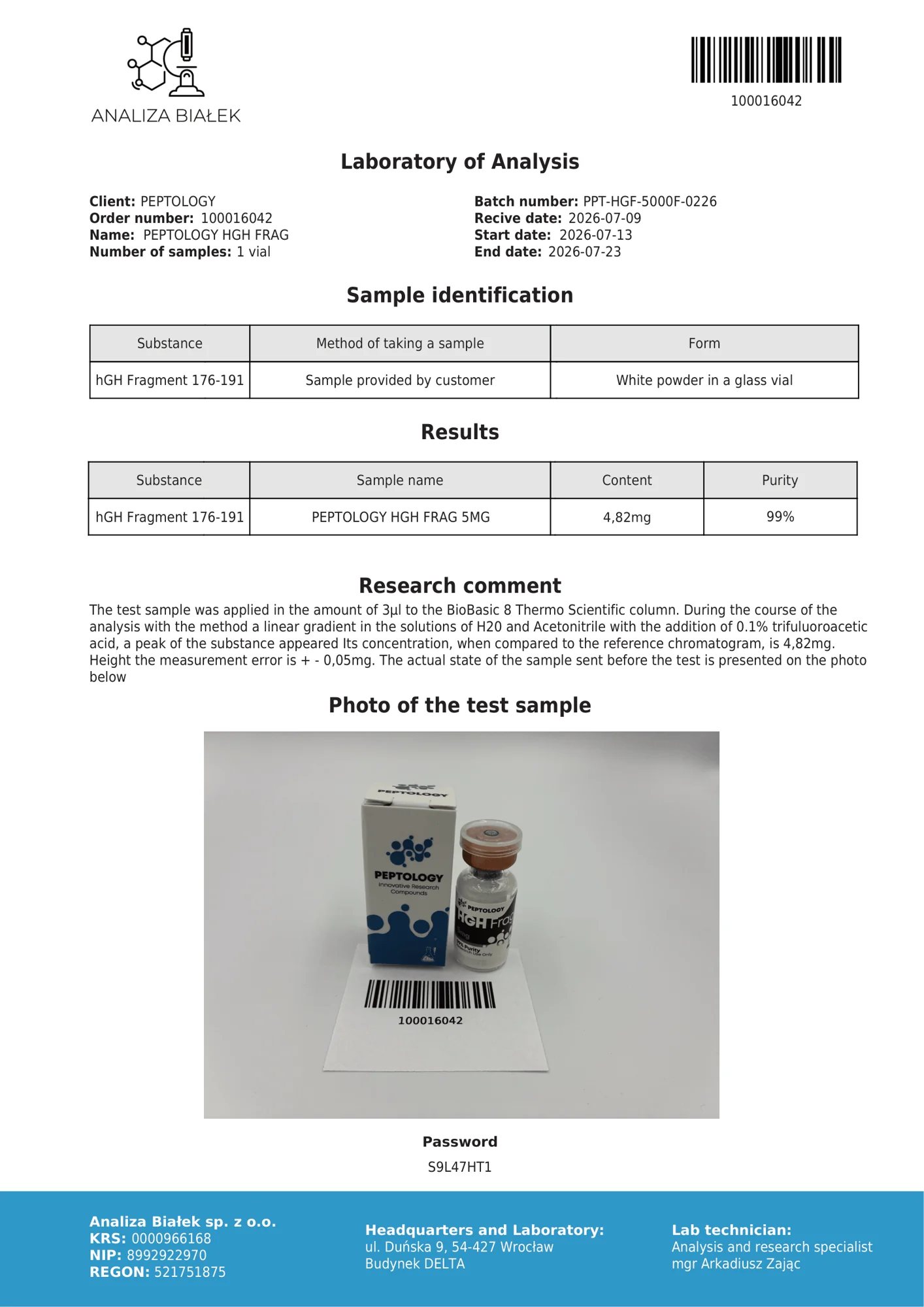 HGH Frag 5 mg – certifikat čistoće HPLC, serija 0226