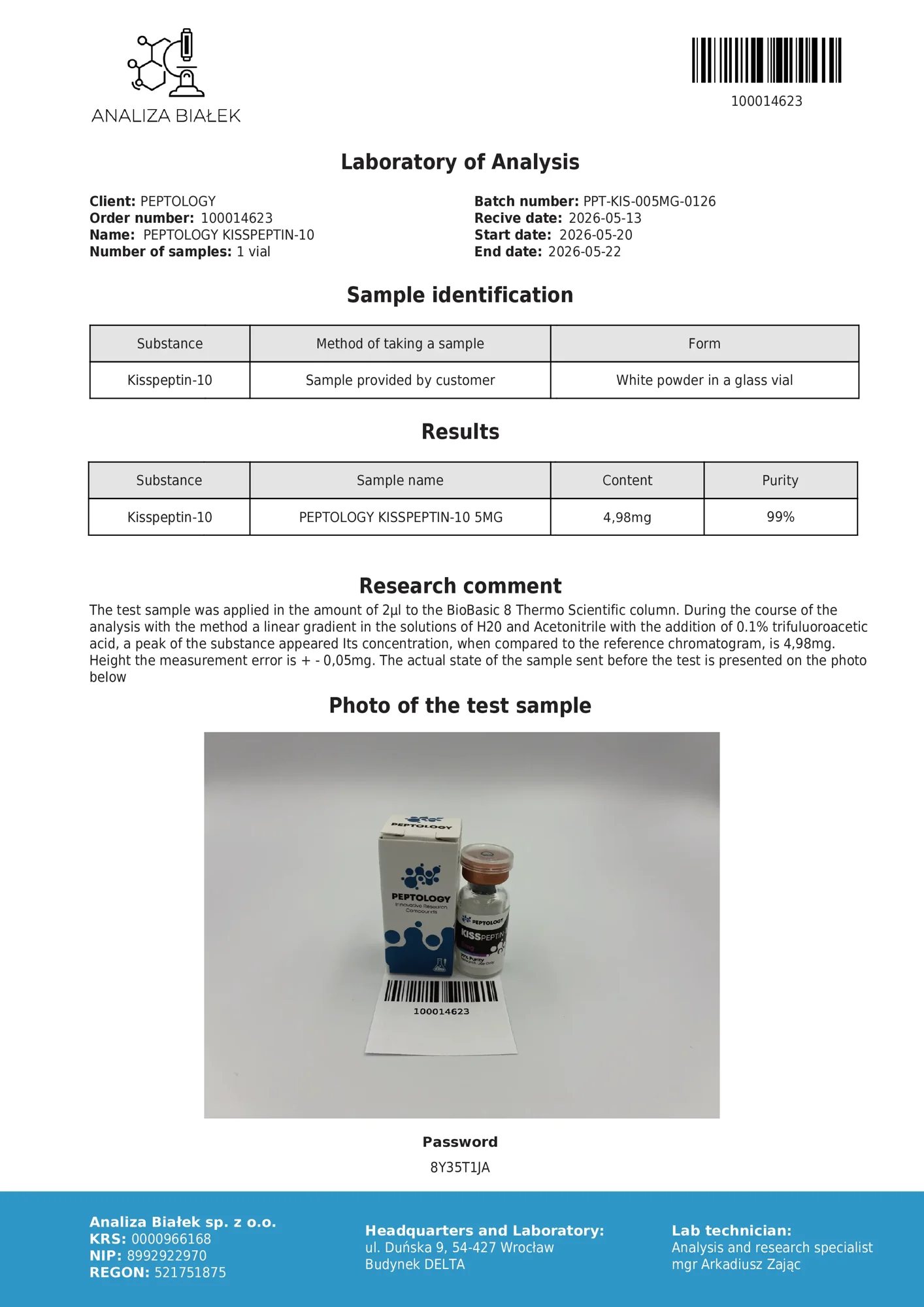 Kisspeptin-10 5 mg – certifikat čistoće HPLC, serija 0126