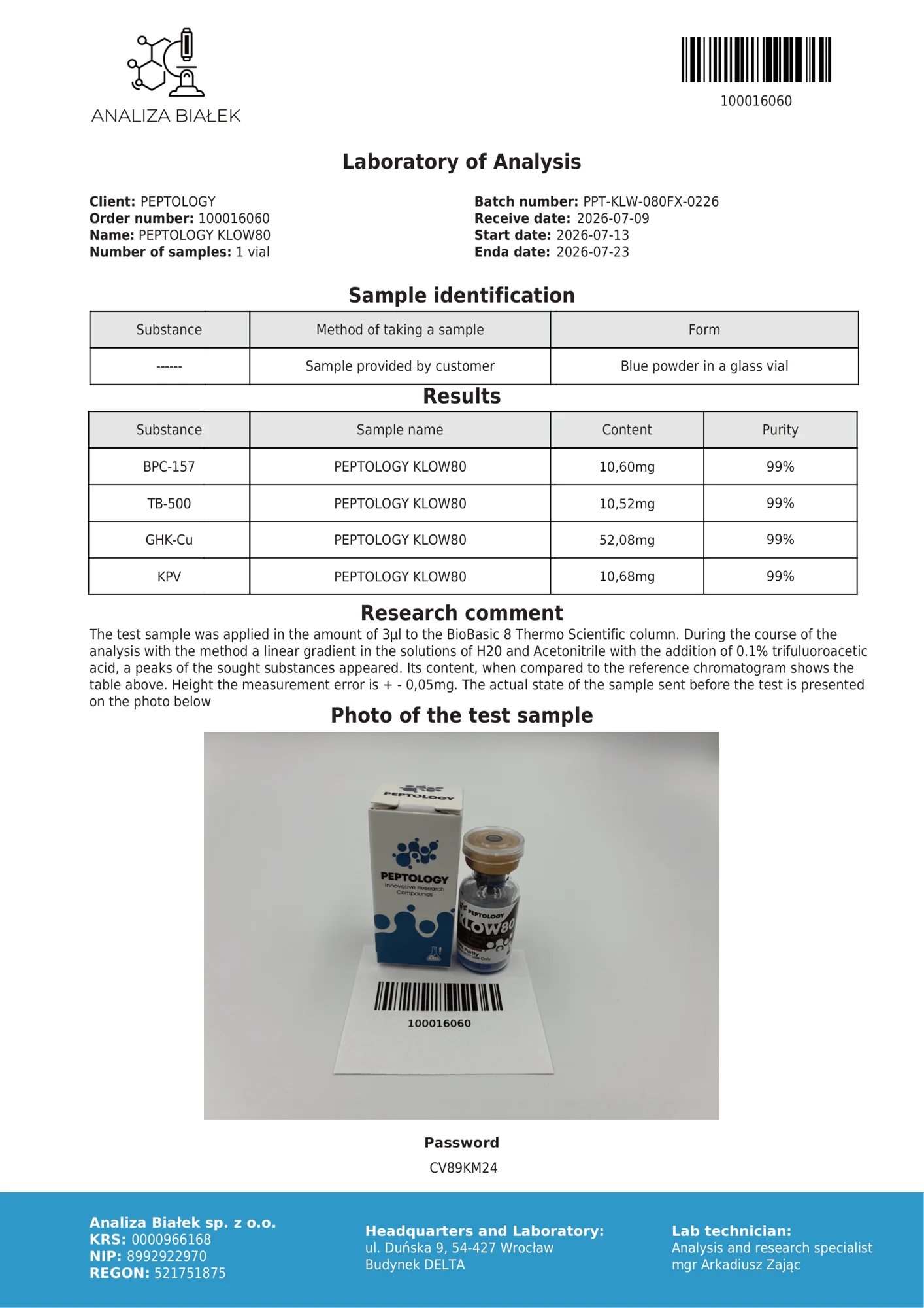 KLOW80 80 mg – certifikat čistoće HPLC, serija 0226
