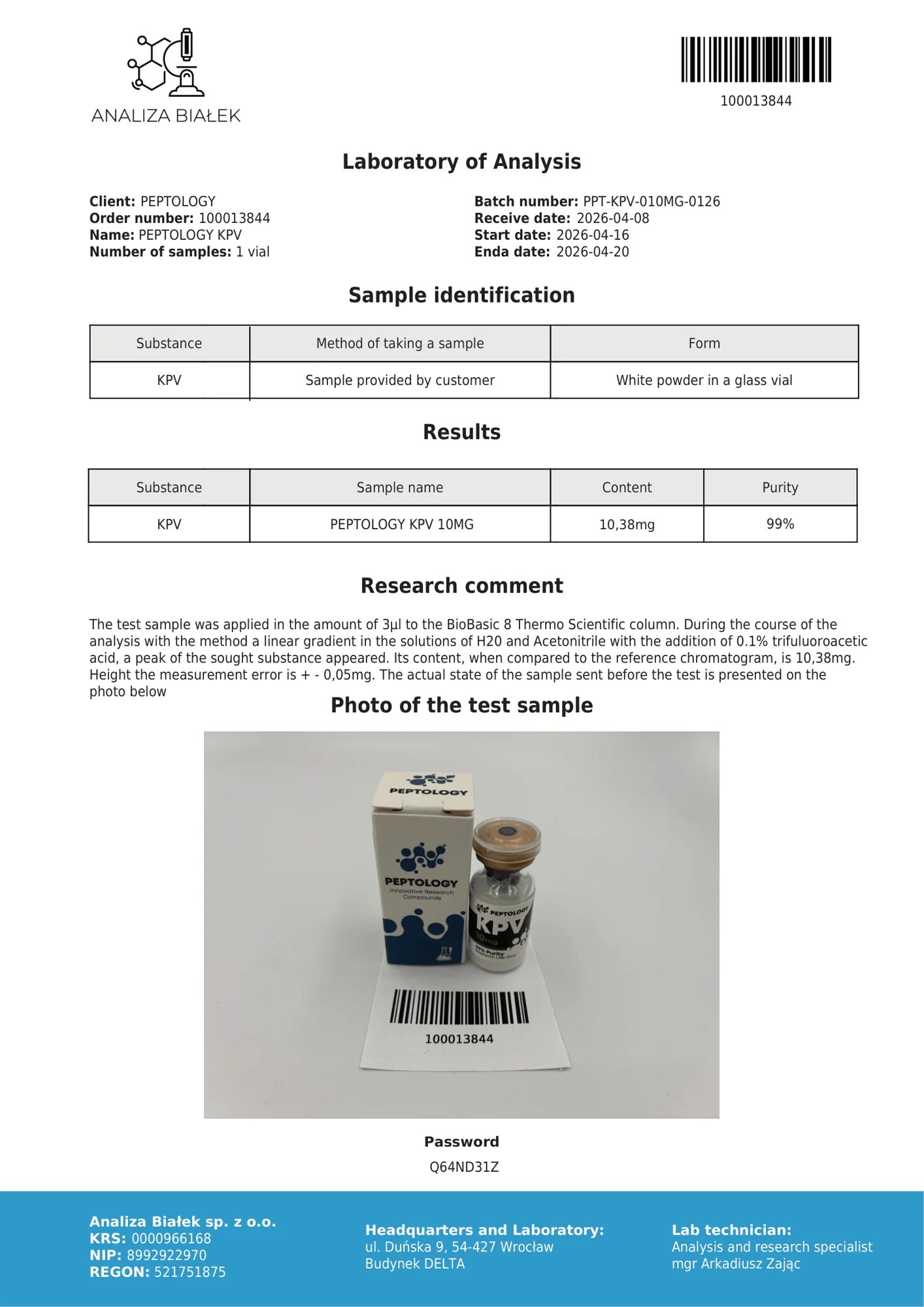 KPV 10 mg – certifikat čistoće HPLC, serija 0126
