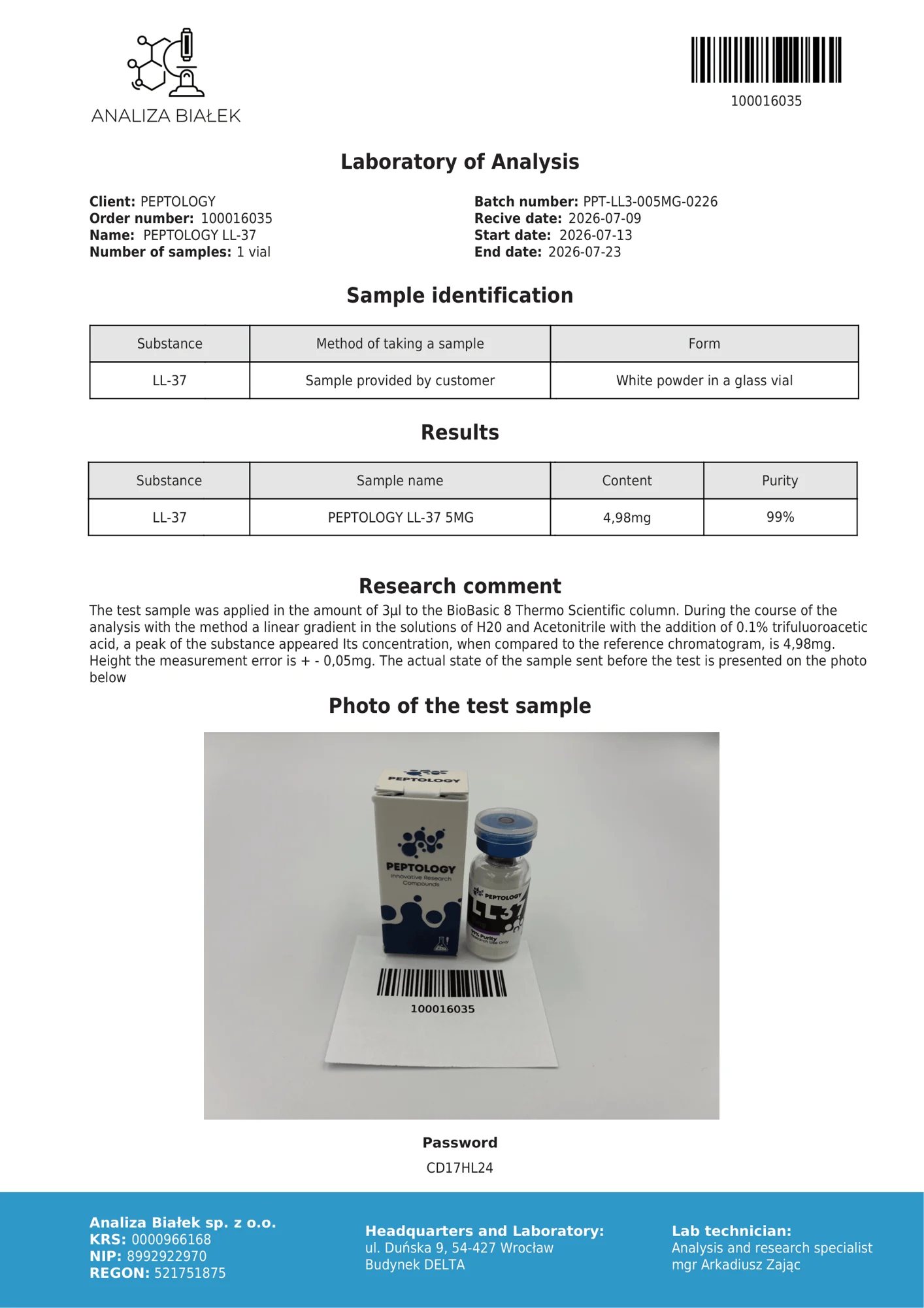 LL-37 5 mg – certifikat čistoće HPLC, serija 0226