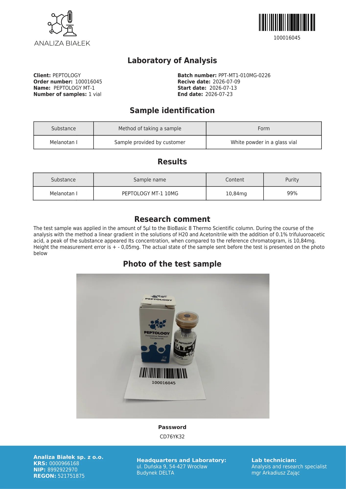 MT-1 10 mg – certifikat čistoće HPLC, serija 0226
