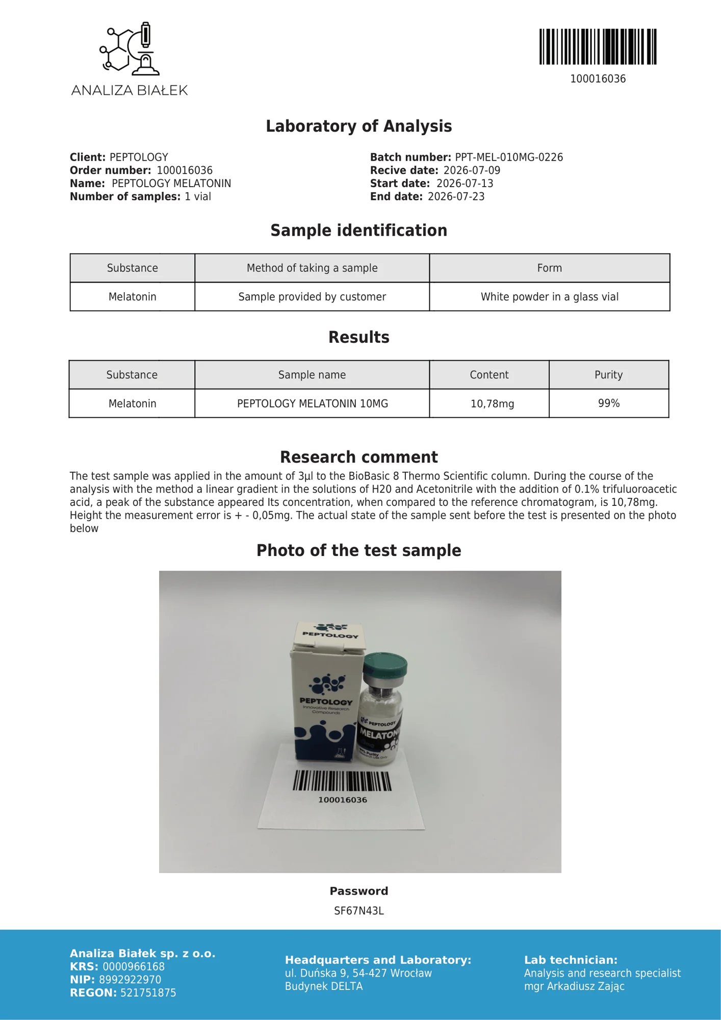Melatonin 10 mg – certifikat čistoće HPLC, serija 0226