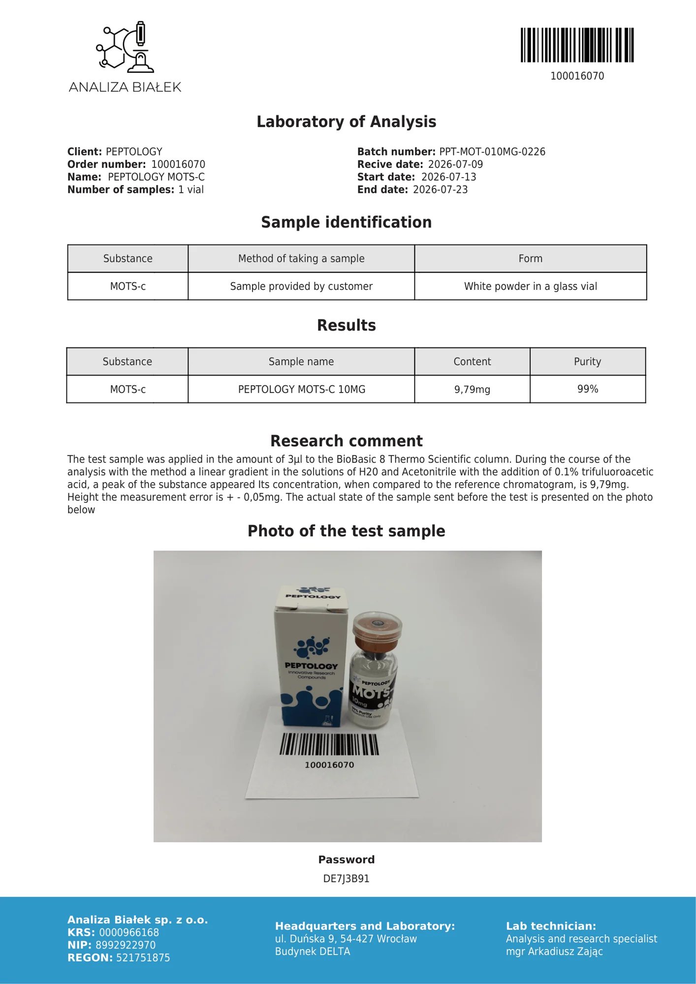 MOTS-c 10 mg – certifikat čistoće HPLC, serija 0226