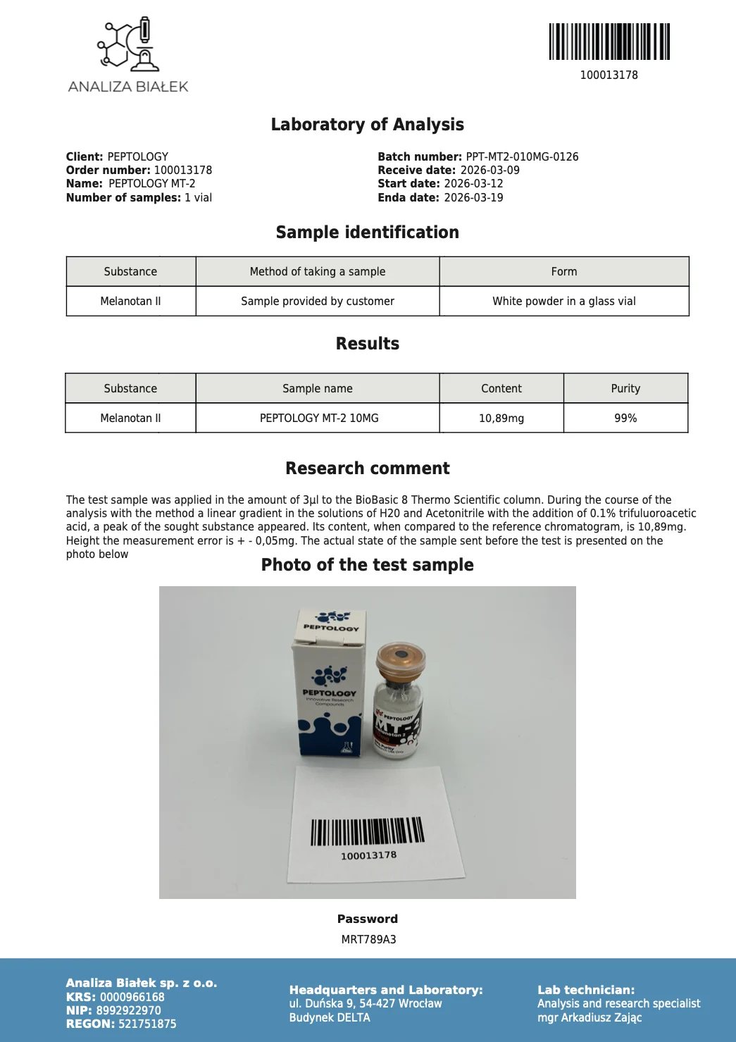 MT-2 10 mg – certifikat čistoće HPLC, serija 0126