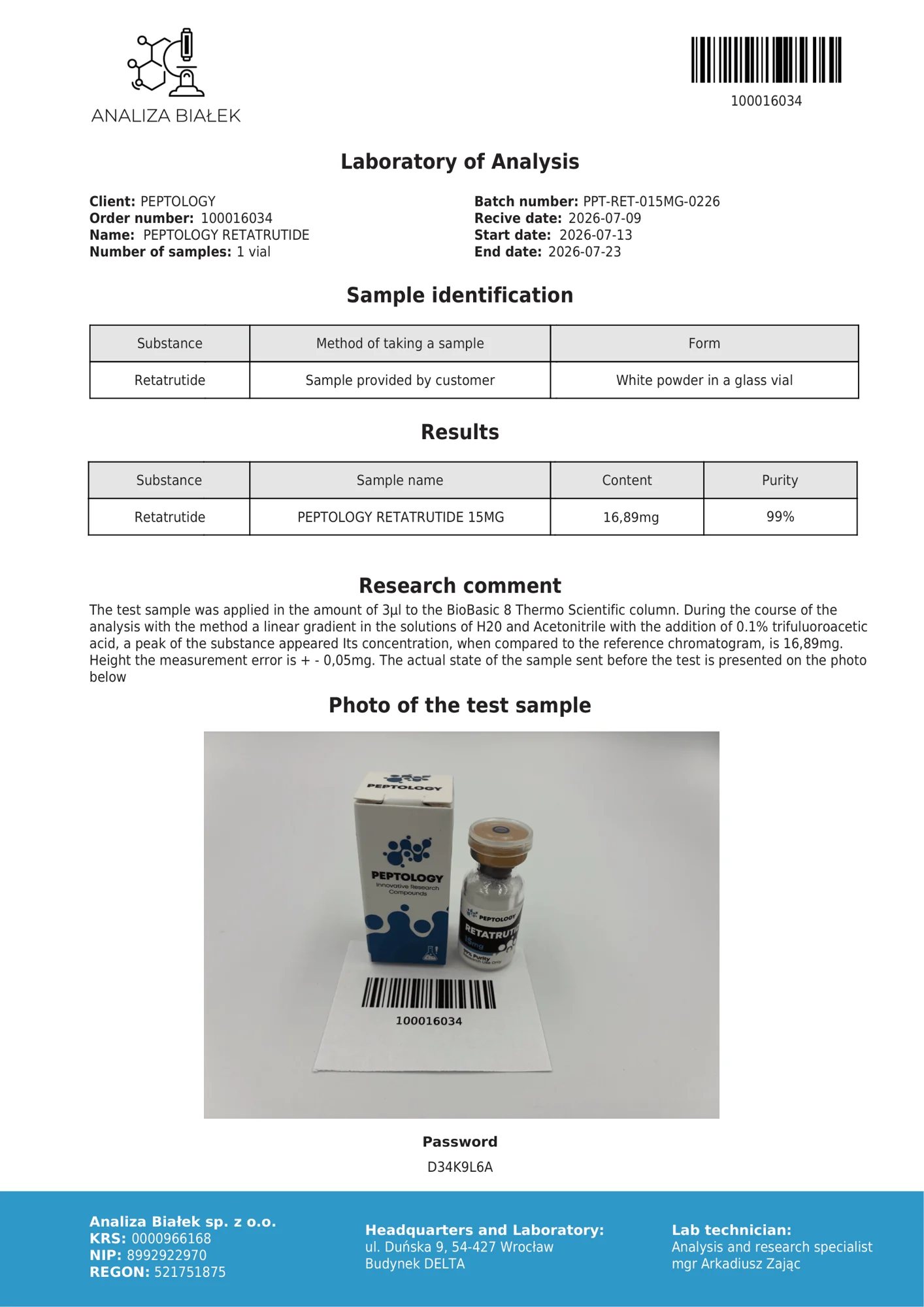 Retatrutide 15 mg – certifikat čistoće HPLC, serija 0226