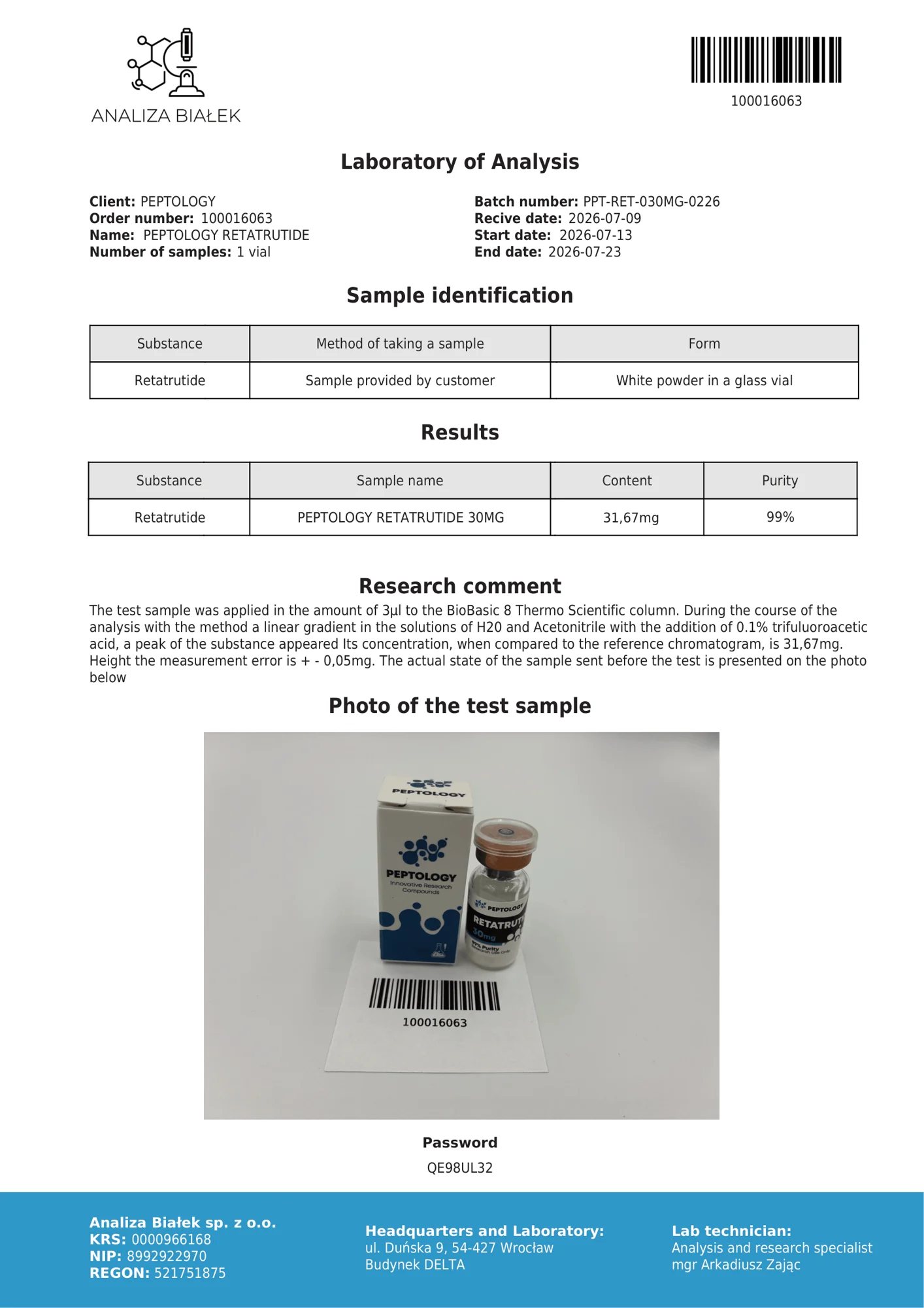 Retatrutide 30 mg – certifikat čistoće HPLC, serija 0226