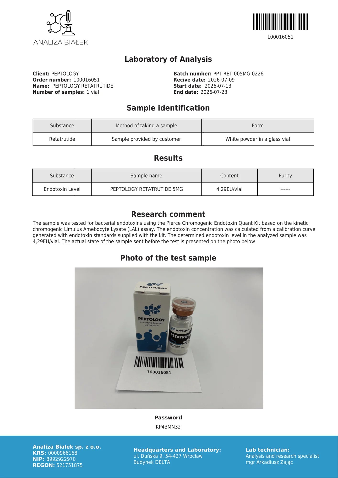 Retatrutide 5 mg – test endotoksina, serija 0226