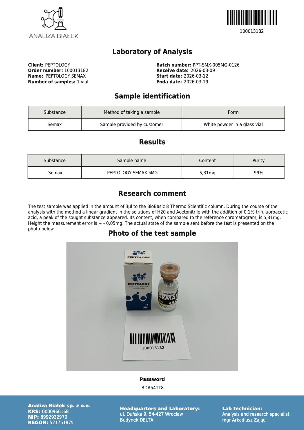 Semax 5 mg – certifikat čistoće HPLC, serija 0126