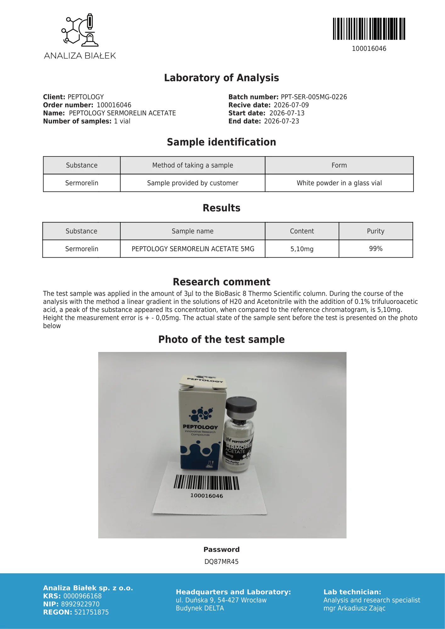 Sermorelin 5 mg – certifikat čistoće HPLC, serija 0226