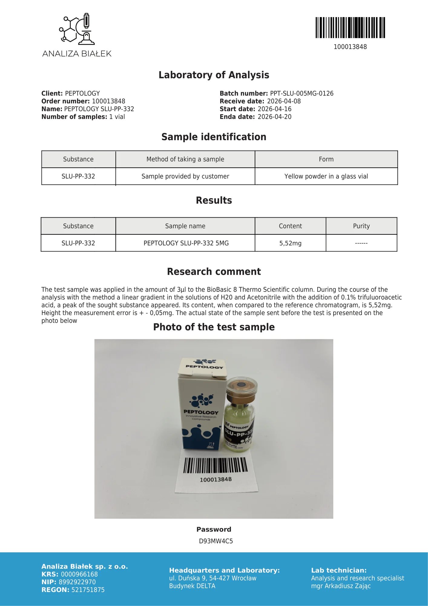 SLU-PP-332 5 mg – certifikat čistoće HPLC, serija 0126