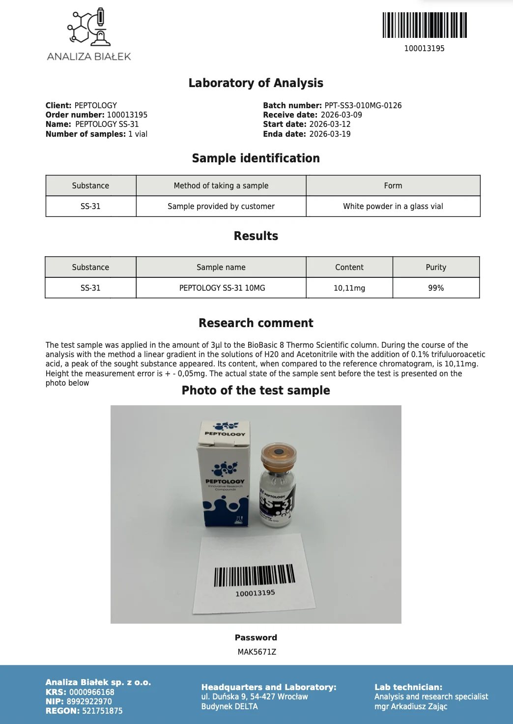 SS‑31 10 mg – certifikat čistoće HPLC, serija 0126