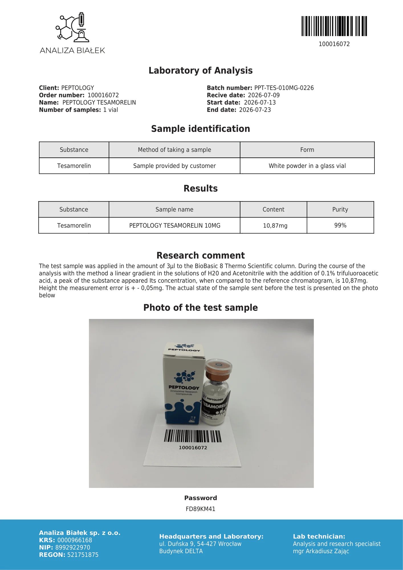 Tesamorelin 10 mg – certifikat čistoće HPLC, serija 0226