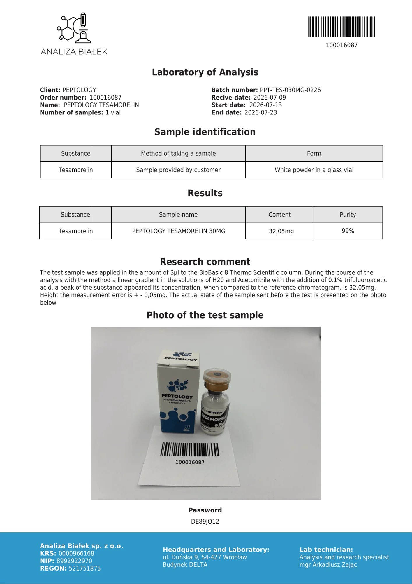 Tesamorelin 30 mg – certifikat čistoće HPLC, serija 0226