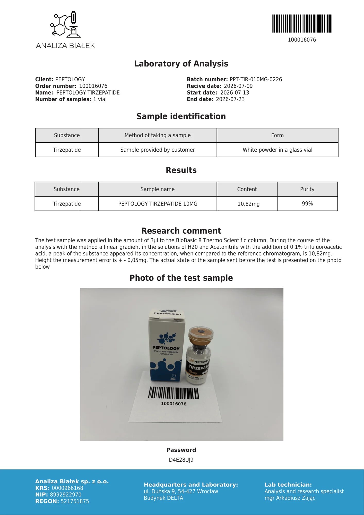 Tirzepatide 10 mg – certifikat čistoće HPLC, serija 0226