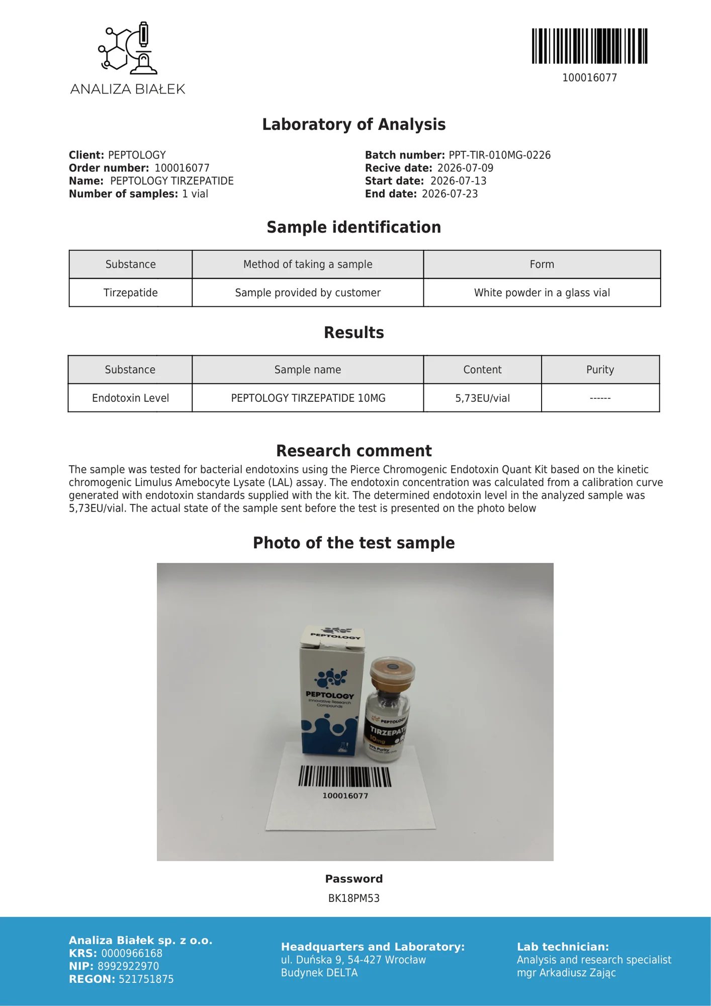 Tirzepatide 10 mg – test endotoksina, serija 0226
