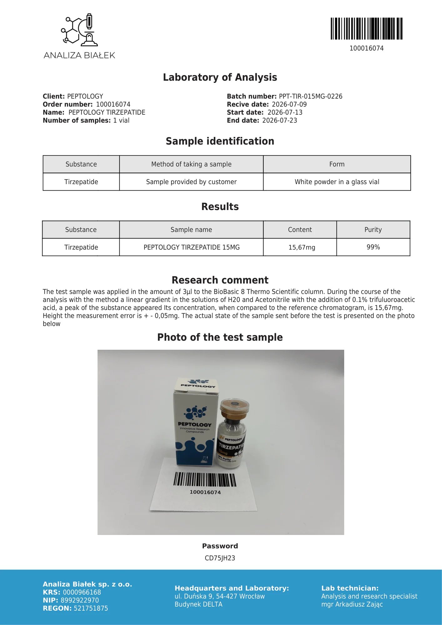 Tirzepatide 15 mg – certifikat čistoće HPLC, serija 0226
