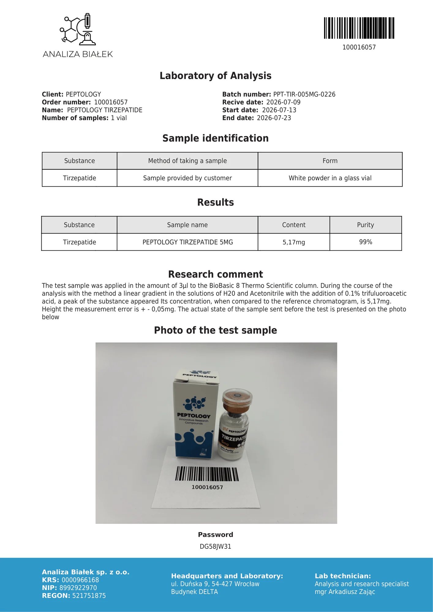 Tirzepatide 5 mg – certifikat čistoće HPLC, serija 0226